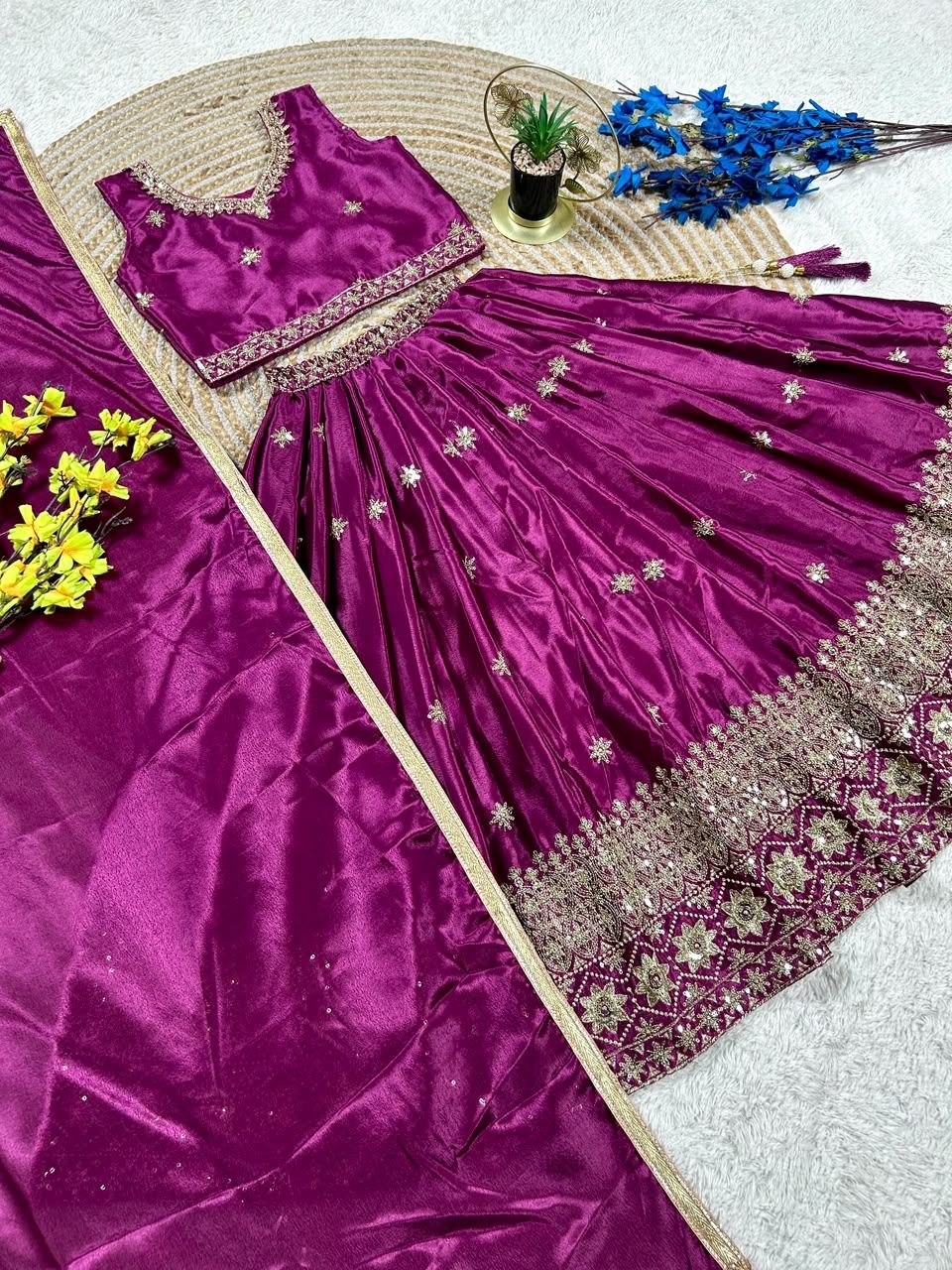 Magenta Pure Soft Chinon Silk Sequins Embroidery Work Work Kid&