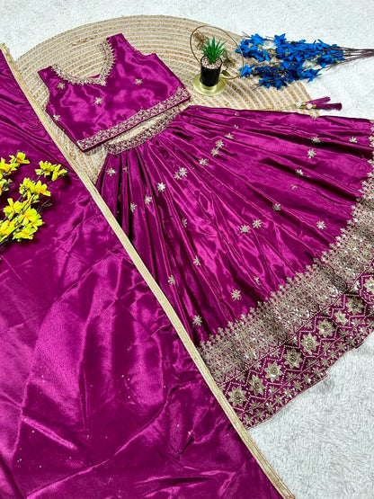 Magenta Pure Soft Chinon Silk Sequins Embroidery Work Work Kid&
