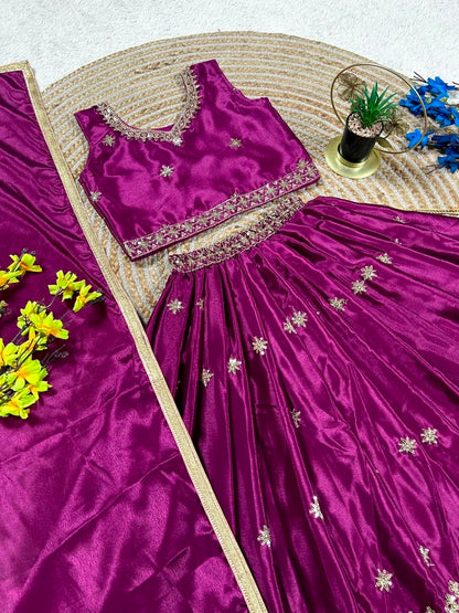 Magenta Pure Soft Chinon Silk Sequins Embroidery Work Work Kid&