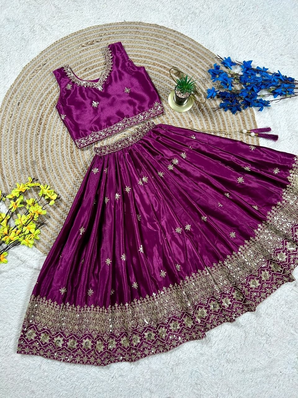 Magenta Pure Soft Chinon Silk Sequins Embroidery Work Work Kid&