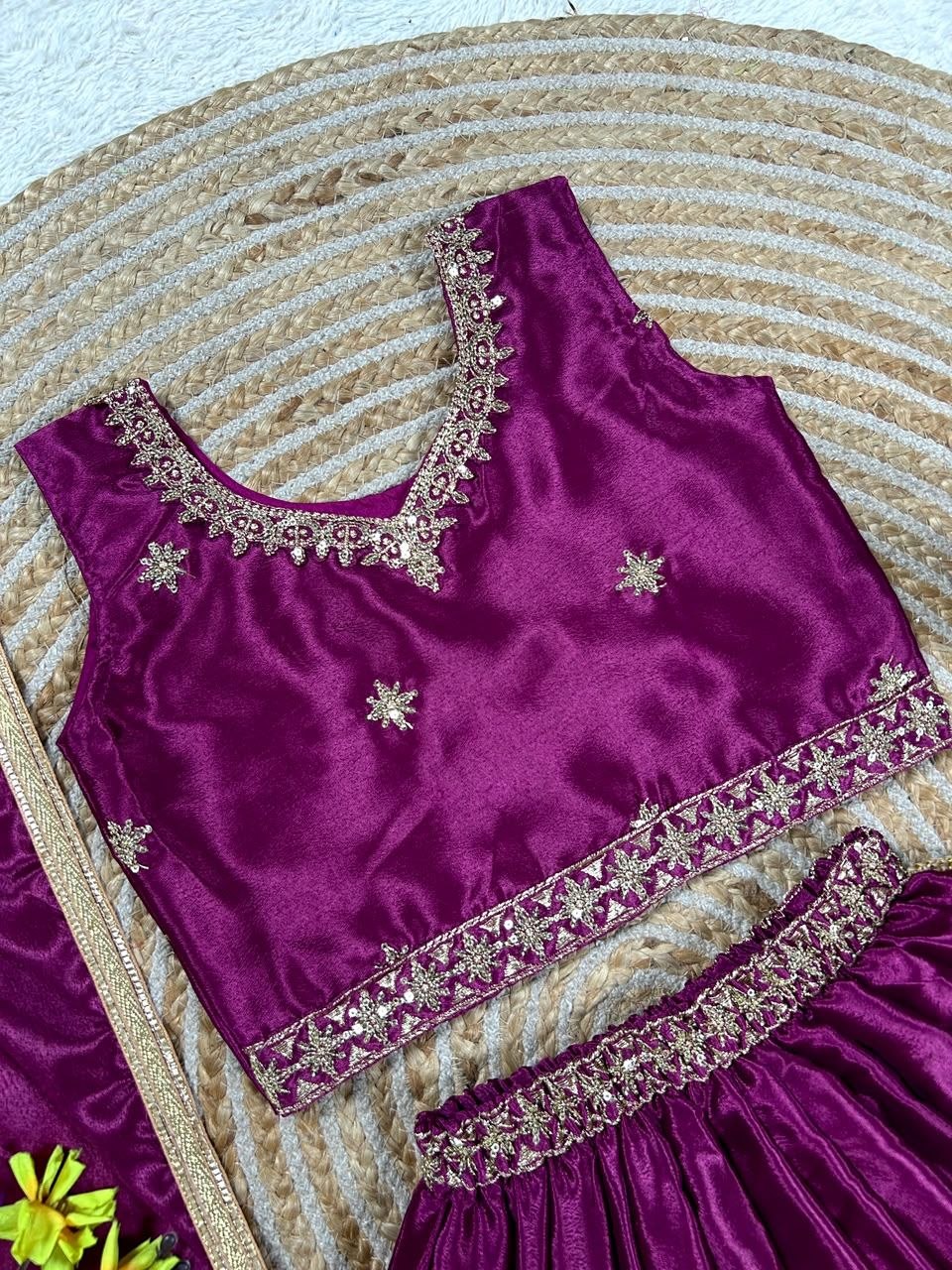 Magenta Pure Soft Chinon Silk Sequins Embroidery Work Work Kid&