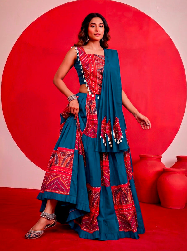 Multi Pure Reyon Cotton Printed and Foil Work Navratri Lehenga Choli