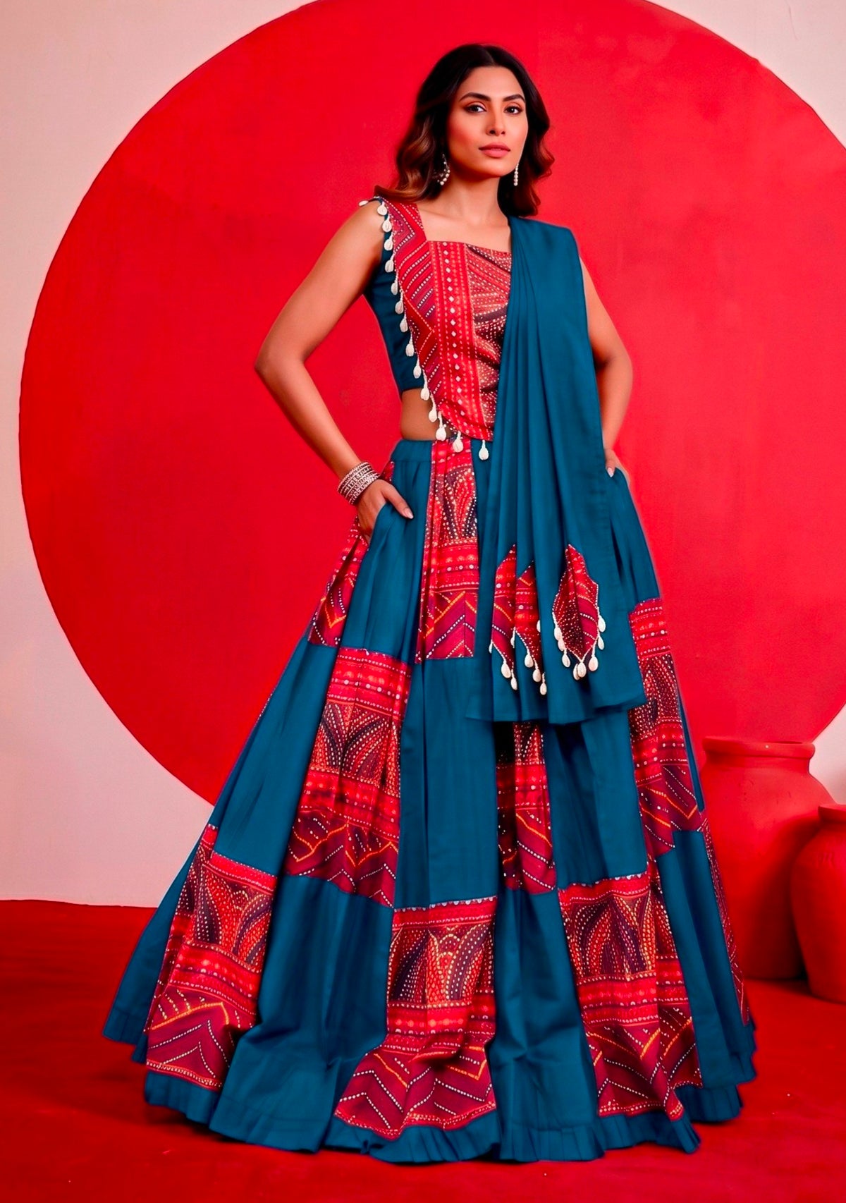 Multi Pure Reyon Cotton Printed and Foil Work Navratri Lehenga Choli