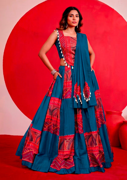 Multi Pure Reyon Cotton Printed and Foil Work Navratri Lehenga Choli