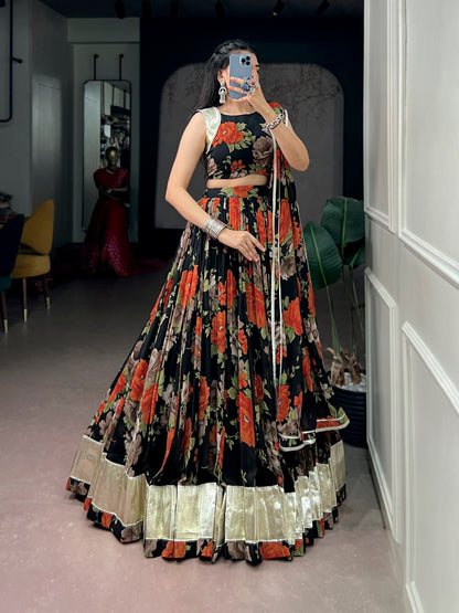 Orange Pure Georgette Floral Printed Work Navratri Lehenga Choli