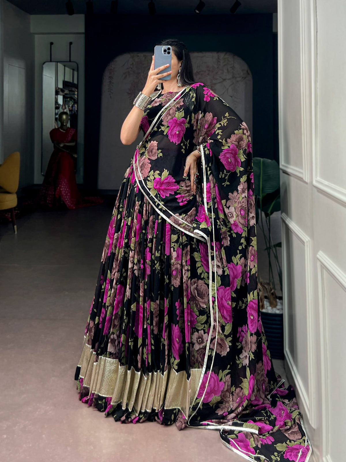 Pink Pure Georgette Floral Printed Work Navratri Lehenga Choli