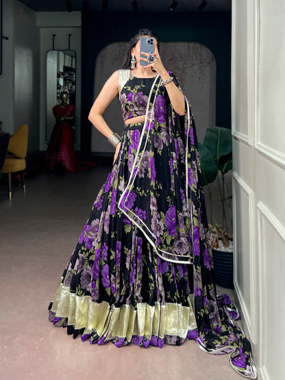 Purple Pure Georgette Floral Printed Work Navratri Lehenga Choli