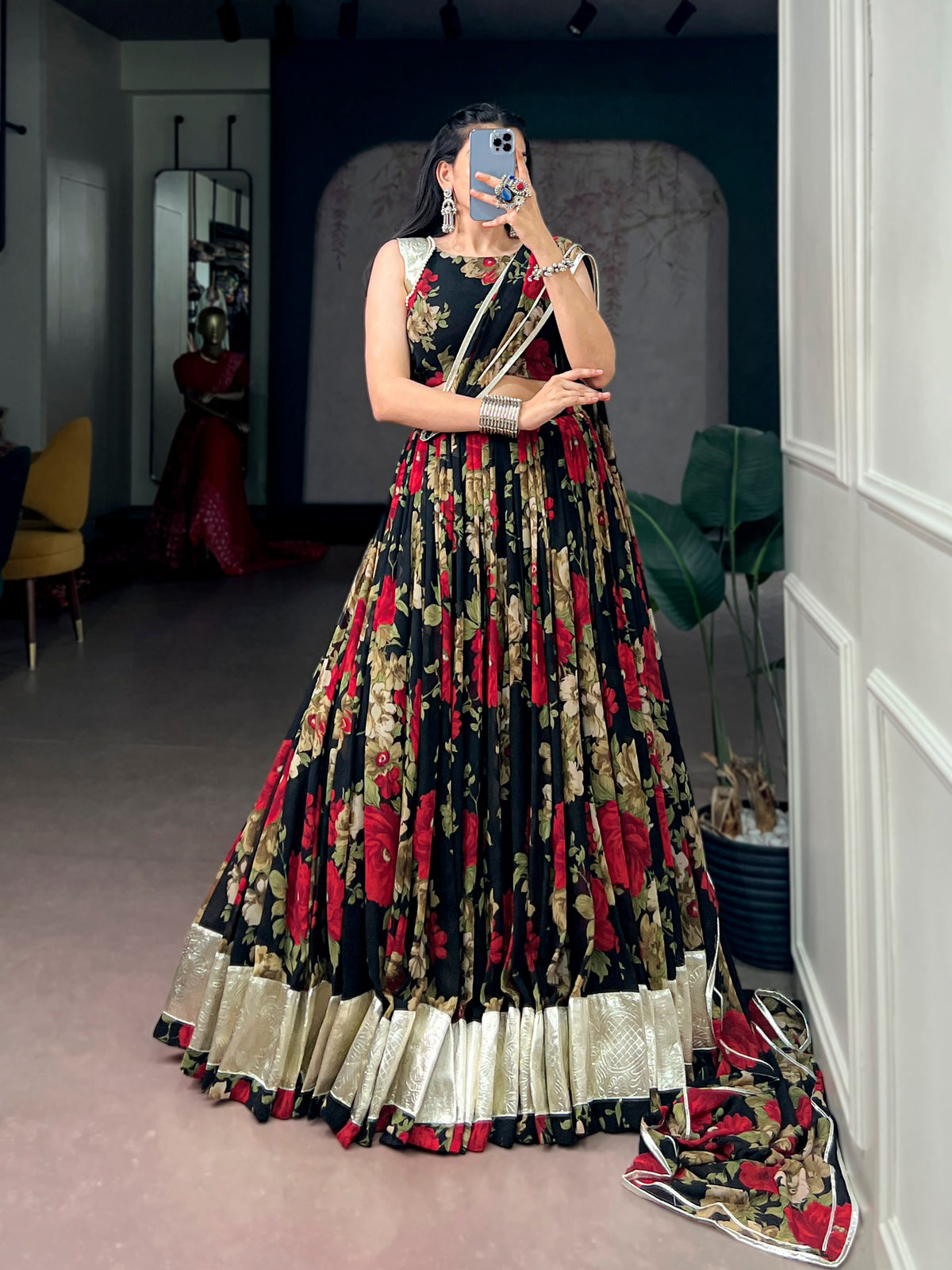Red Pure Georgette Floral Printed Work Navratri Lehenga Choli