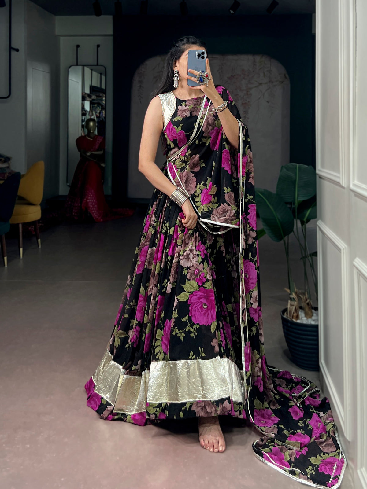 Pink Pure Georgette Floral Printed Work Navratri Lehenga Choli
