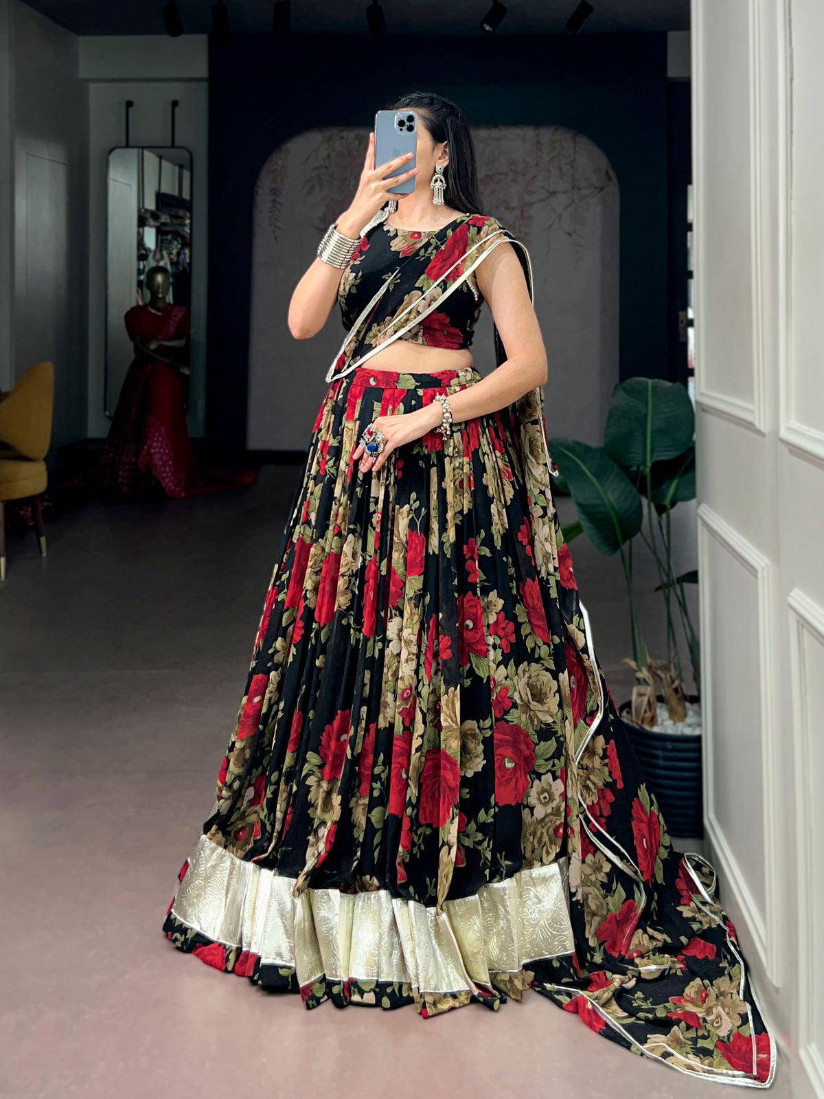Red Pure Georgette Floral Printed Work Navratri Lehenga Choli