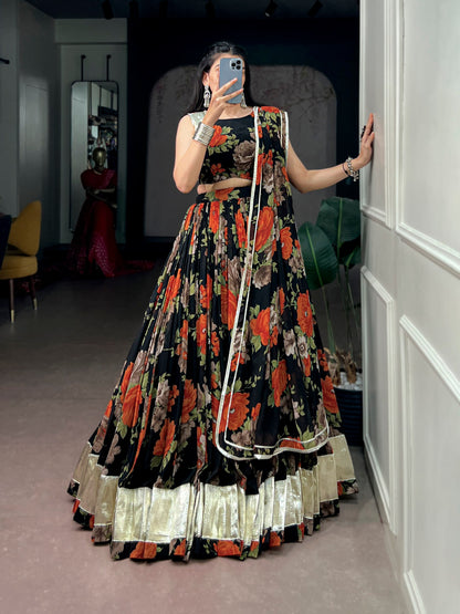 Orange Pure Georgette Floral Printed Work Navratri Lehenga Choli