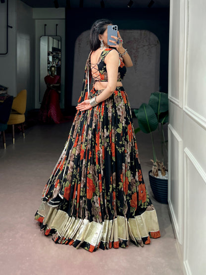 Orange Pure Georgette Floral Printed Work Navratri Lehenga Choli