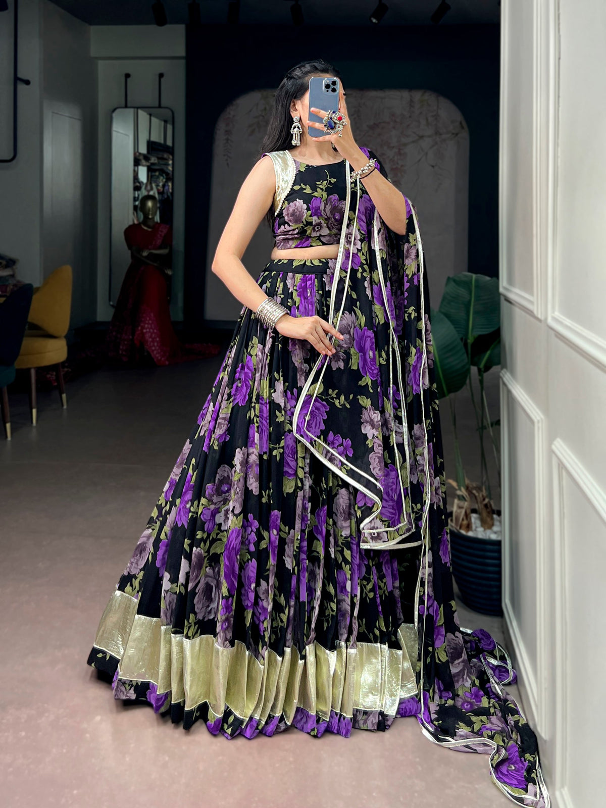 Purple Pure Georgette Floral Printed Work Navratri Lehenga Choli