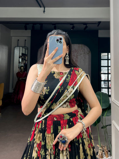 Red Pure Georgette Floral Printed Work Navratri Lehenga Choli
