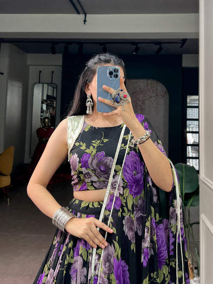 Purple Pure Georgette Floral Printed Work Navratri Lehenga Choli