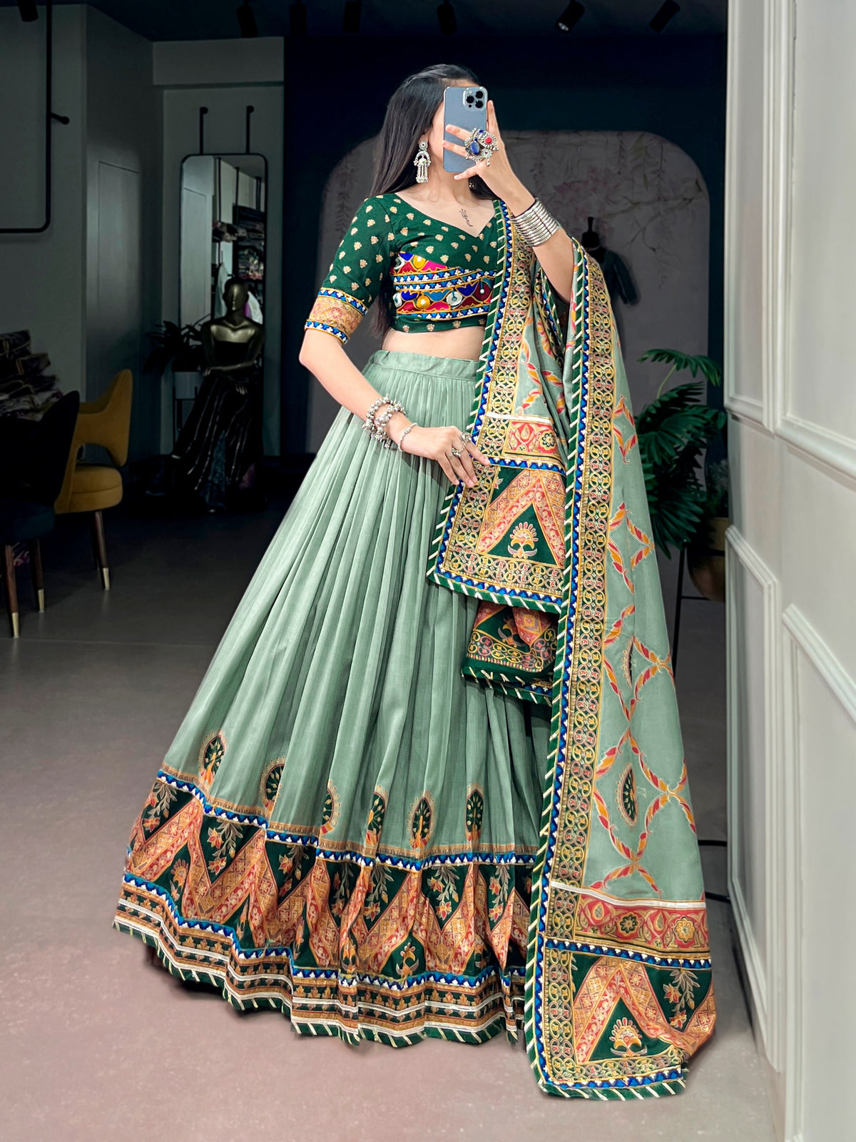 Green Pure Tasar Silk Gamthi Work Navratri Lehenga Choli