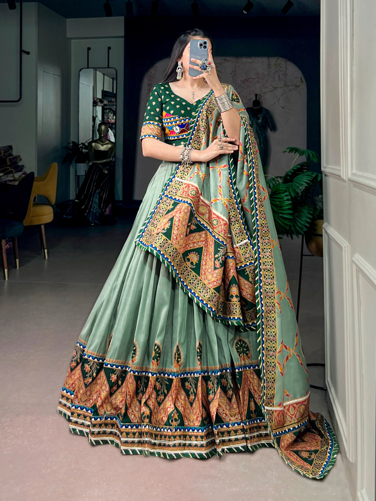 Green Pure Tasar Silk Gamthi Work Navratri Lehenga Choli