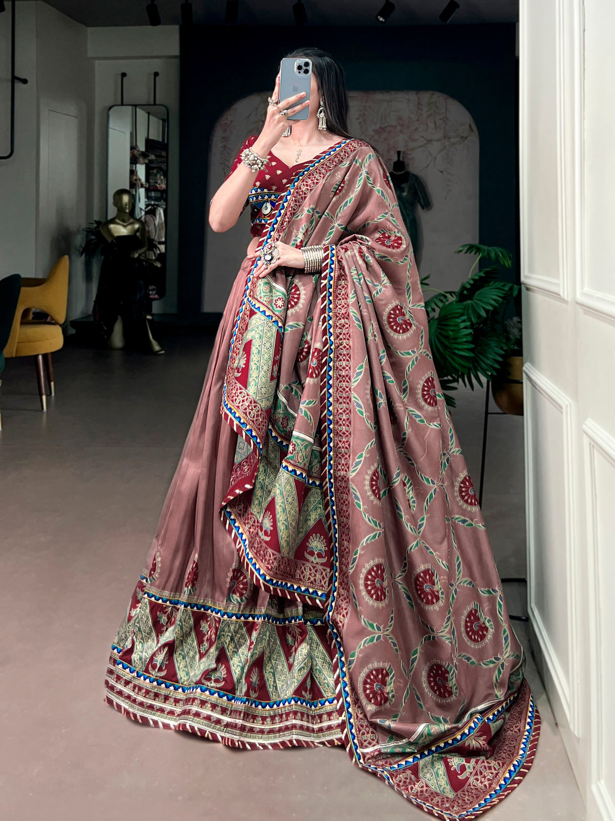Maroon Pure Tasar Silk Gamthi Work Navratri Lehenga Choli