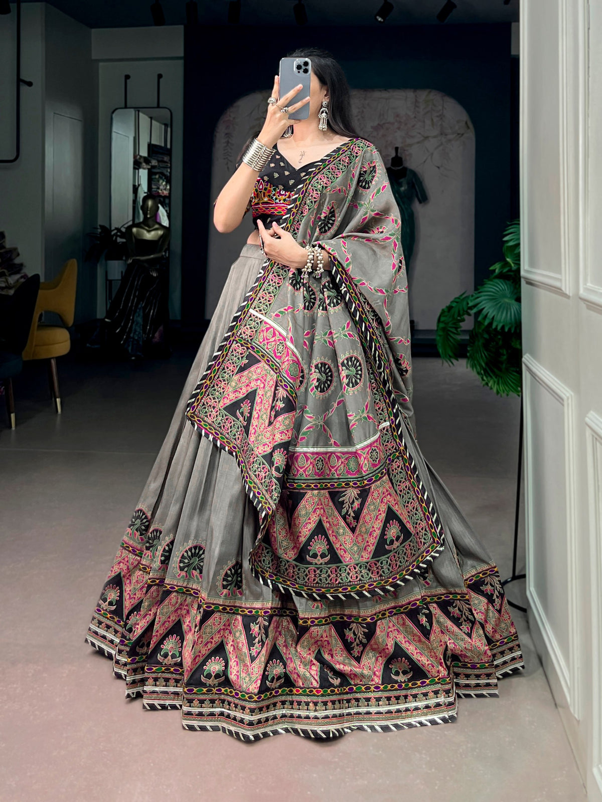 Black Pure Tasar Silk Gamthi Work Navratri Lehenga Choli