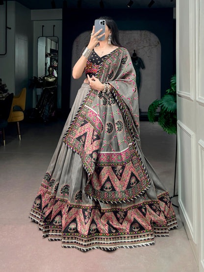 Black Pure Tasar Silk Gamthi Work Navratri Lehenga Choli