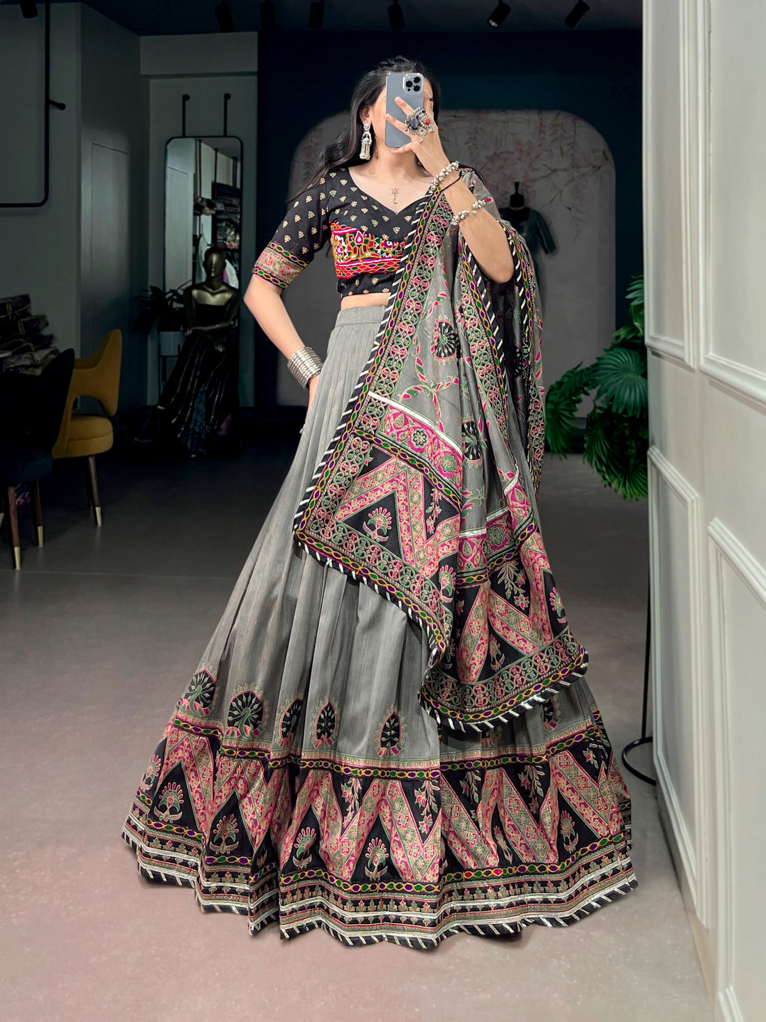Black Pure Tasar Silk Gamthi Work Navratri Lehenga Choli