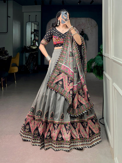 Black Pure Tasar Silk Gamthi Work Navratri Lehenga Choli
