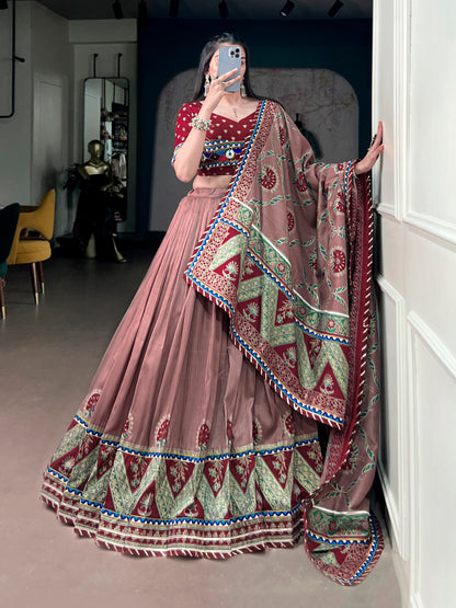 Maroon Pure Tasar Silk Gamthi Work Navratri Lehenga Choli