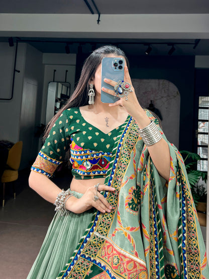 Green Pure Tasar Silk Gamthi Work Navratri Lehenga Choli