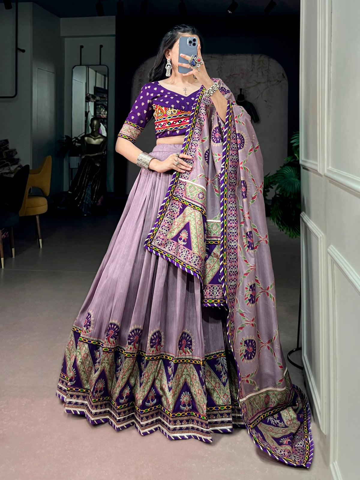 Purple Pure Tasar Silk Gamthi Work Navratri Lehenga Choli