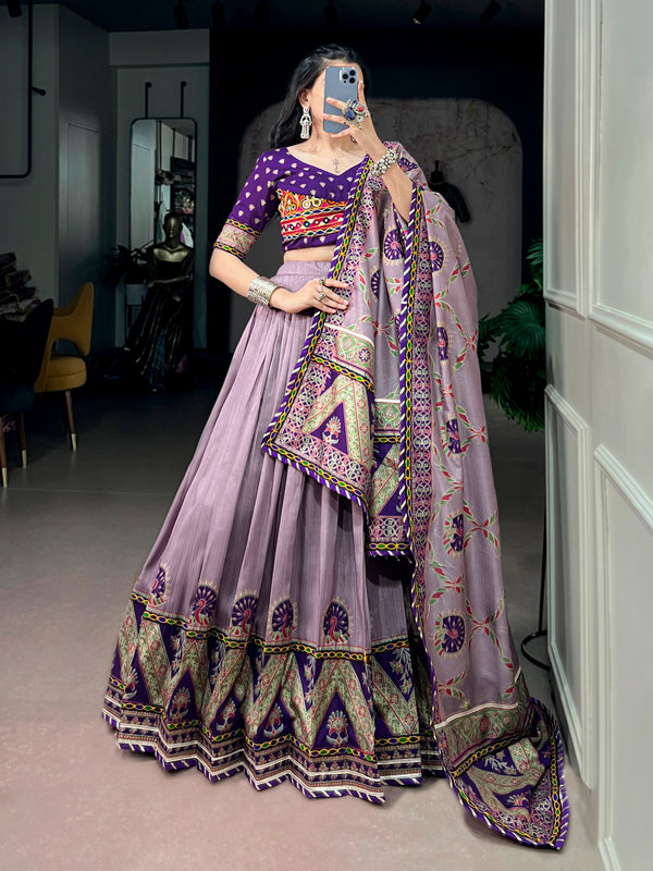 Purple Pure Tasar Silk Gamthi Work Navratri Lehenga Choli