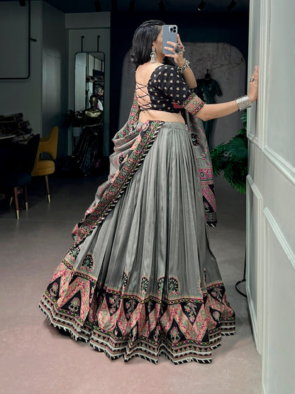Black Pure Tasar Silk Gamthi Work Navratri Lehenga Choli