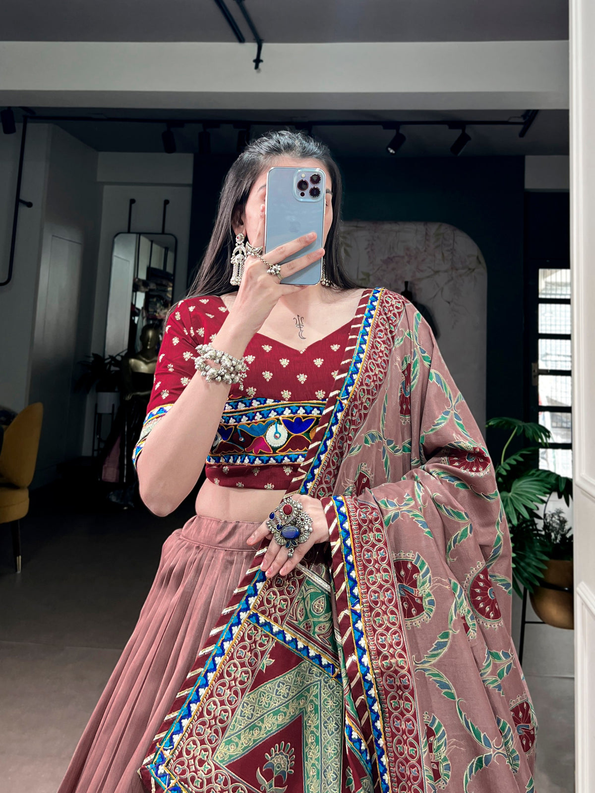 Maroon Pure Tasar Silk Gamthi Work Navratri Lehenga Choli