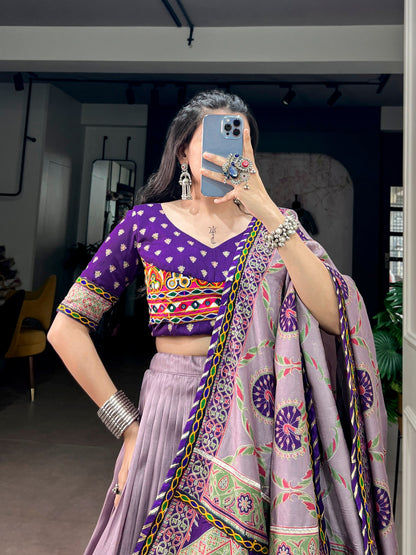 Purple Pure Tasar Silk Gamthi Work Navratri Lehenga Choli