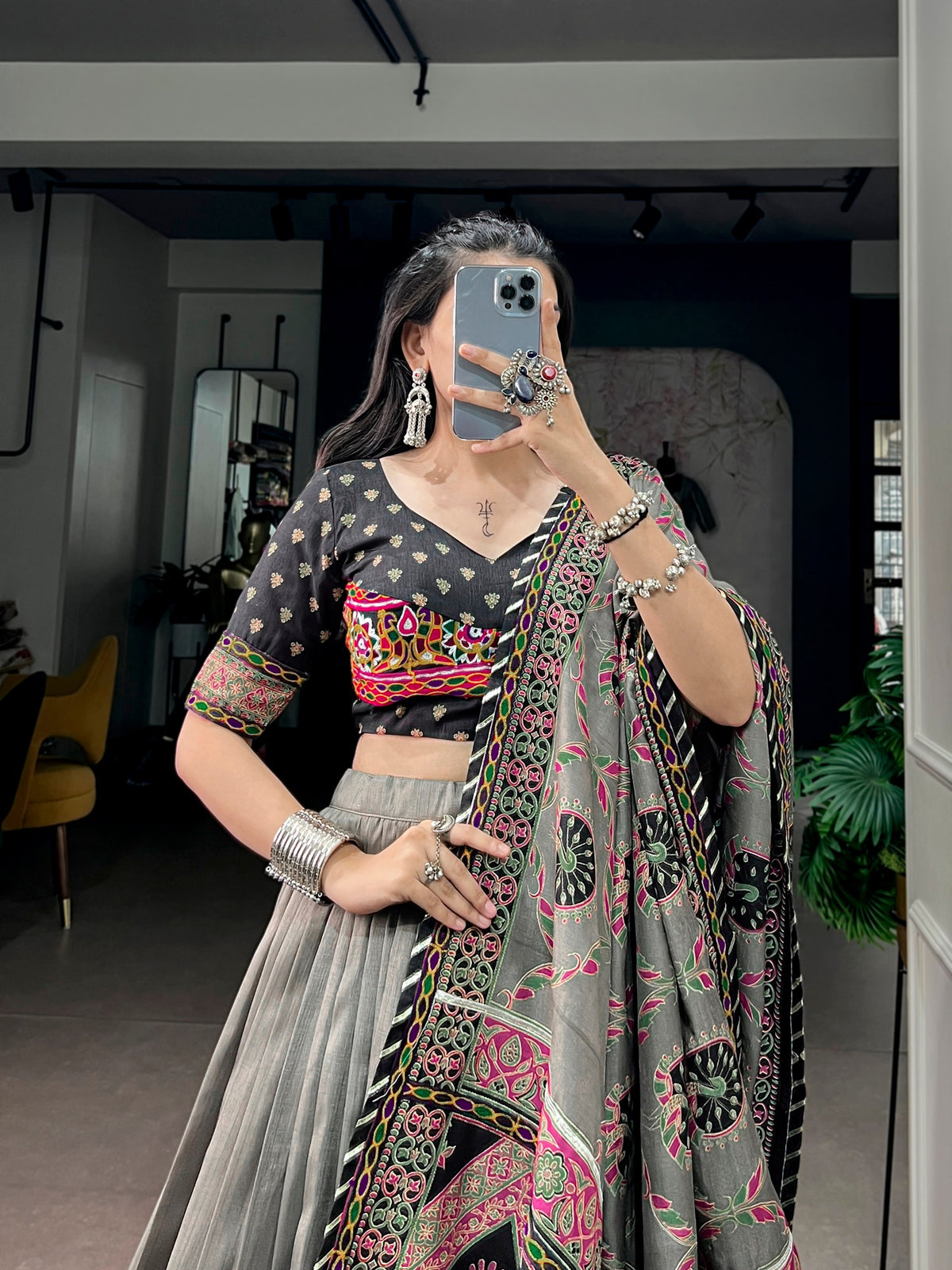 Black Pure Tasar Silk Gamthi Work Navratri Lehenga Choli