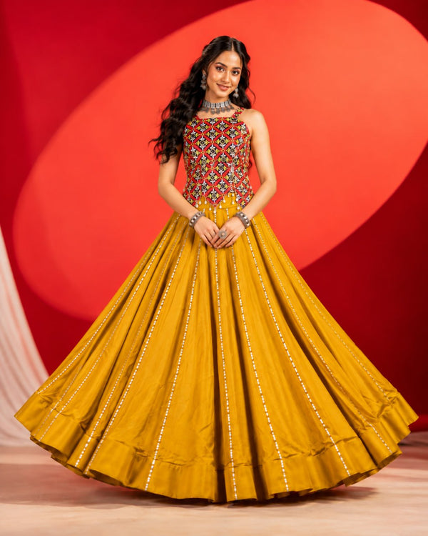 Mustard Pure Rayon Cotton Plain with Gota Patti Work Navratri Lehenga Choli