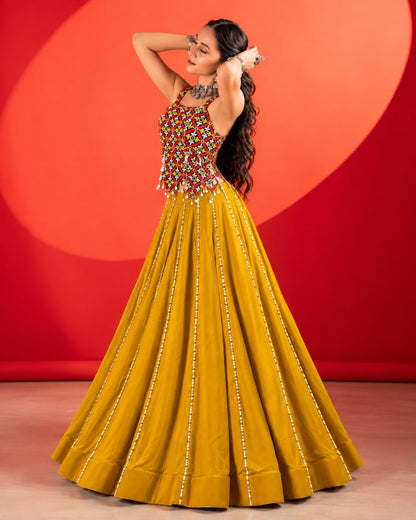 Mustard Pure Rayon Cotton Plain with Gota Patti Work Navratri Lehenga Choli