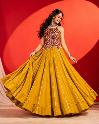 Mustard Pure Rayon Cotton Plain with Gota Patti Work Navratri Lehenga Choli