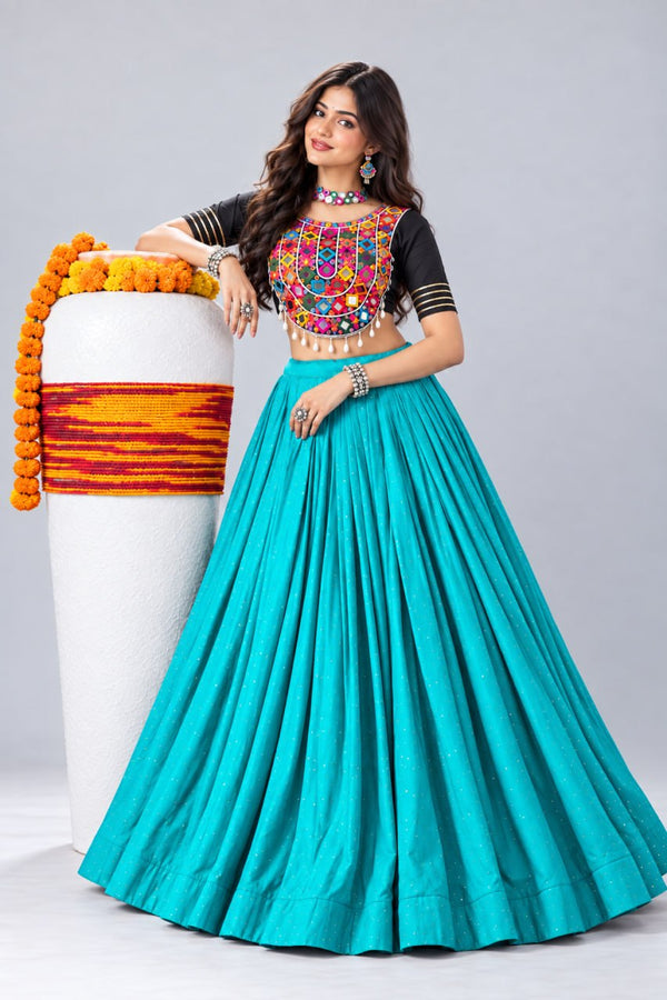 Firozi Pure Rayon Cotton Premium Diamond Stone Work Navratri Lehenga Choli