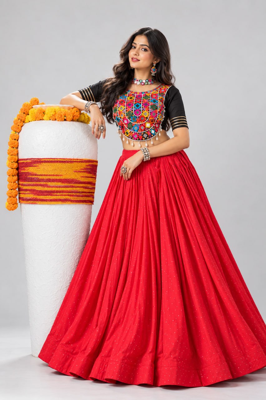 Red Pure Rayon Cotton Premium Diamond Stone Work Navratri Lehenga Choli