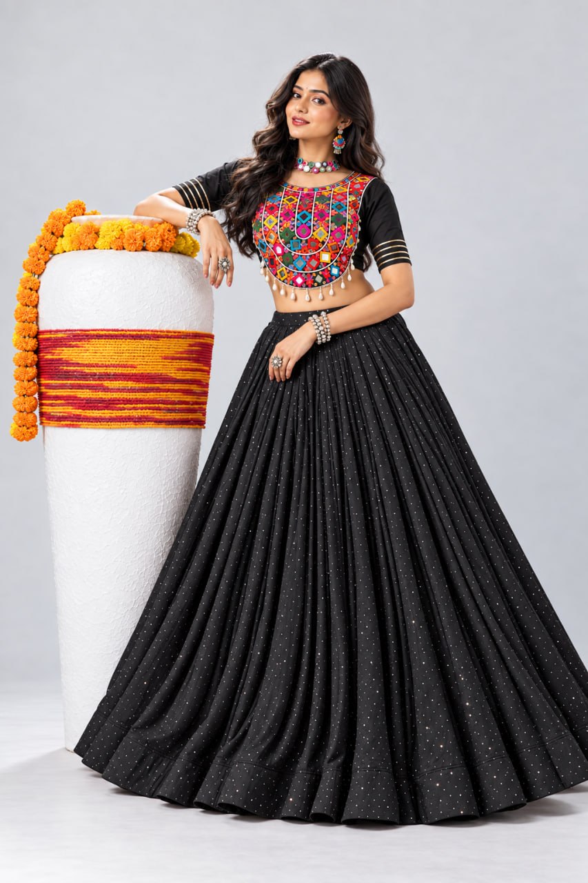 Black Pure Rayon Cotton Premium Diamond Stone Work Navratri Lehenga Choli