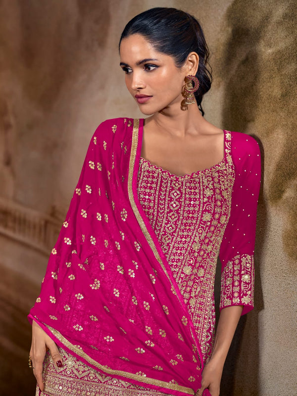 Pink Heavy Embroidered Georgette Palazzo Suit Set with Dupatta