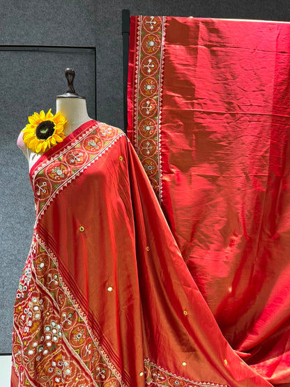 Orange Pure Soft Banarasi Patola Silk Blend Traditional Manekchowk Hand and Mirror Work Patola Saree