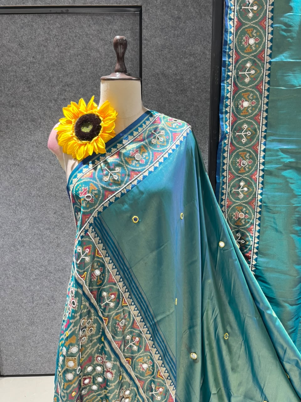 Teal Blue Pure Soft Banarasi Patola Silk Blend Traditional Manekchowk Hand and Mirror Work Patola Saree