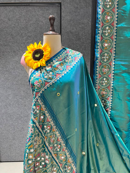 Teal Blue Pure Soft Banarasi Patola Silk Blend Traditional Manekchowk Hand and Mirror Work Patola Saree