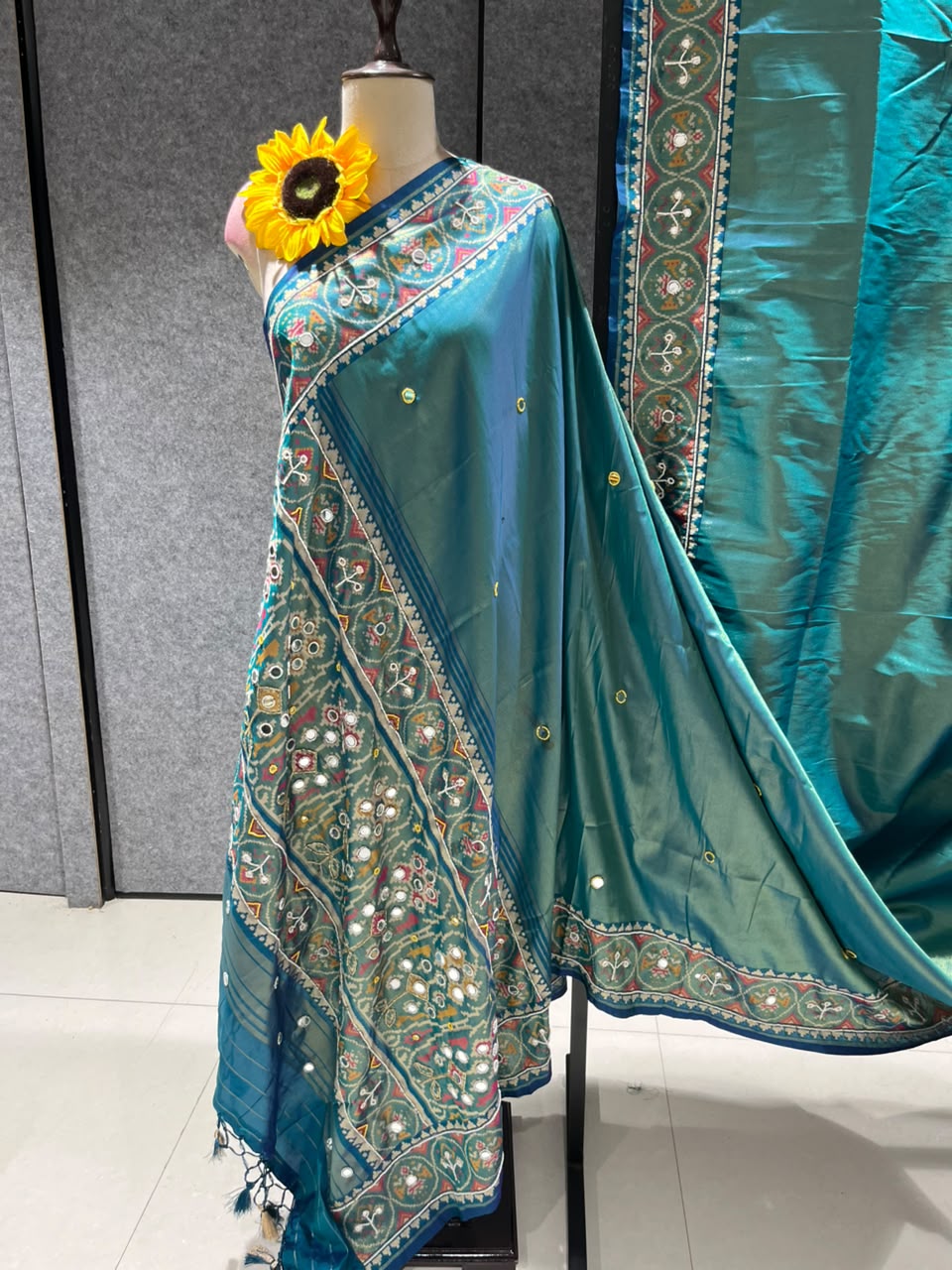 Teal Blue Pure Soft Banarasi Patola Silk Blend Traditional Manekchowk Hand and Mirror Work Patola Saree