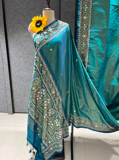 Teal Blue Pure Soft Banarasi Patola Silk Blend Traditional Manekchowk Hand and Mirror Work Patola Saree