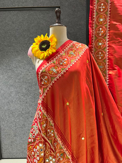 Orange Pure Soft Banarasi Patola Silk Blend Traditional Manekchowk Hand and Mirror Work Patola Saree