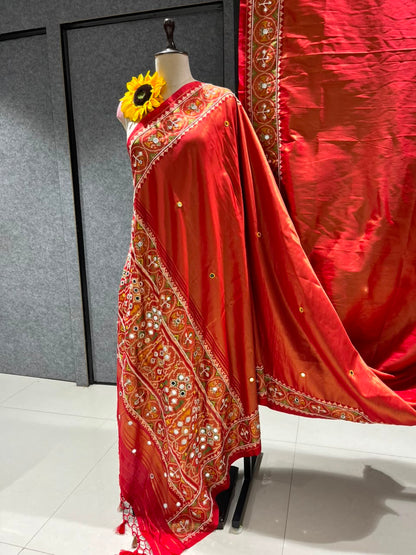 Orange Pure Soft Banarasi Patola Silk Blend Traditional Manekchowk Hand and Mirror Work Patola Saree