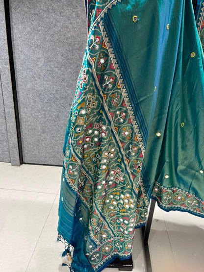 Teal Blue Pure Soft Banarasi Patola Silk Blend Traditional Manekchowk Hand and Mirror Work Patola Saree