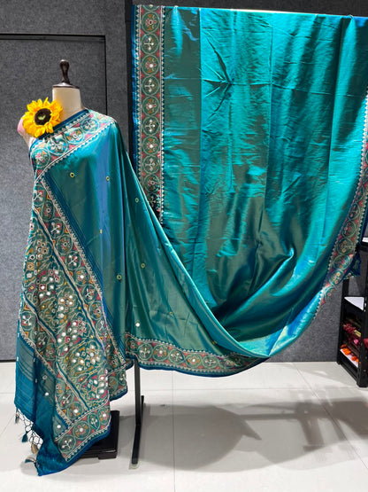 Teal Blue Pure Soft Banarasi Patola Silk Blend Traditional Manekchowk Hand and Mirror Work Patola Saree